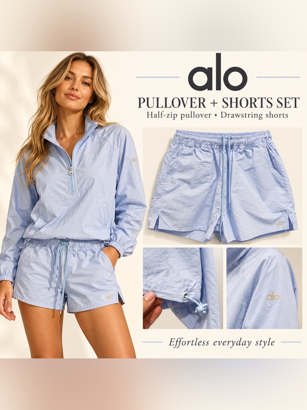 ALO Yoga Light Blue Half-Zip Pullover & Drawstring Shorts Set